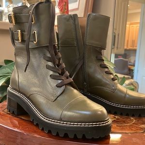 SeeByChloe Boots- Khaki greenish color- lace up, buckle and side zip- NWT